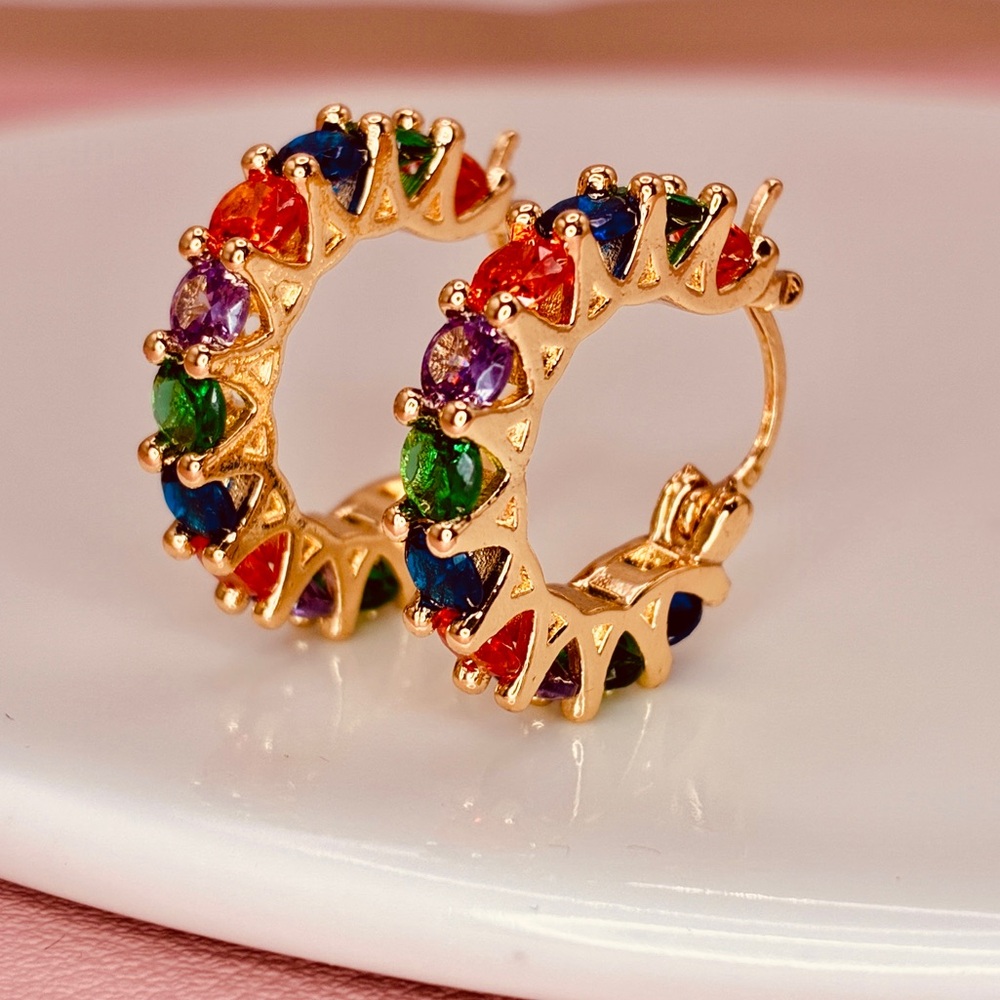 Colorful Rainbow CZ Crystals Gold Huggie Hoop Earrings